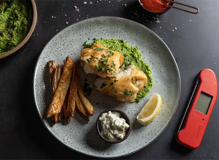 Fish and Chips with Mushy Peas and Tartar Sauce