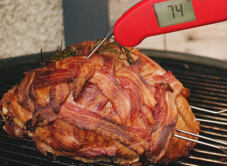 BBQ Bacon Wrapped Turkey Crown with Cranberry Bacon Jam