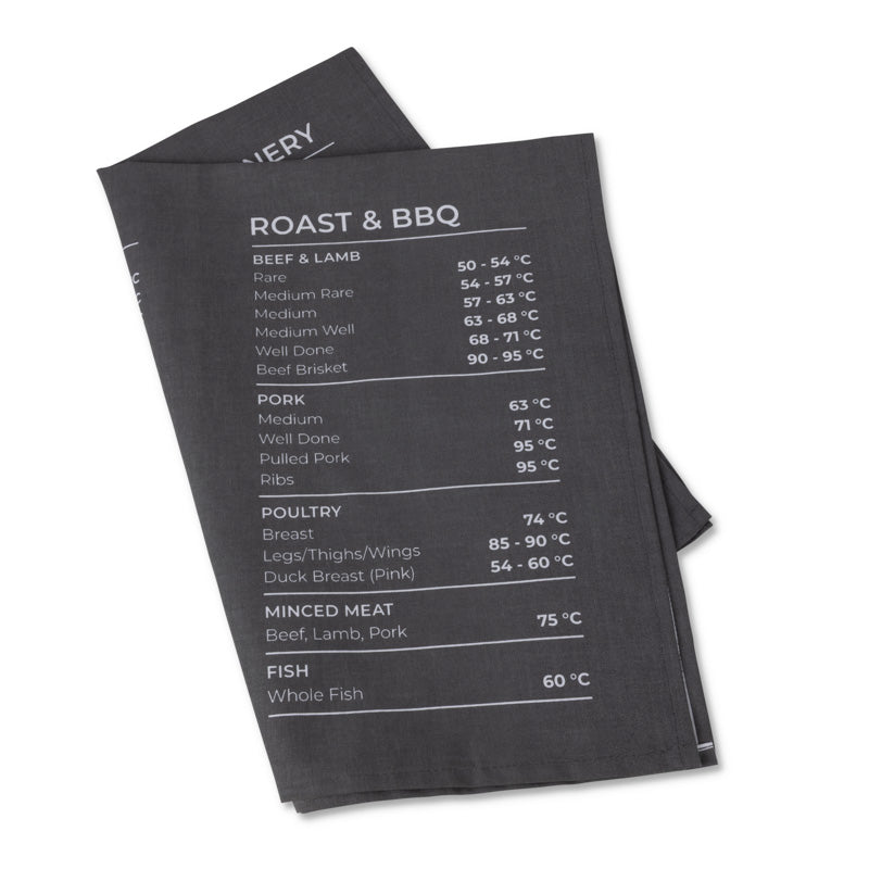 Grey tea towel temperature guide for roasts and bbq meat