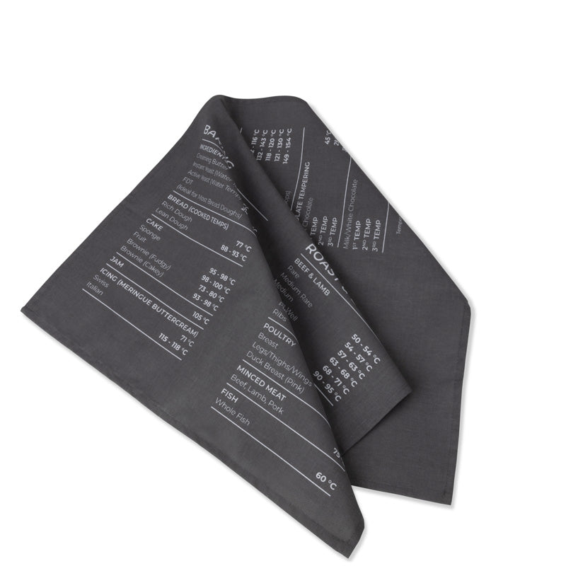Grey tea towel with temperature guide 