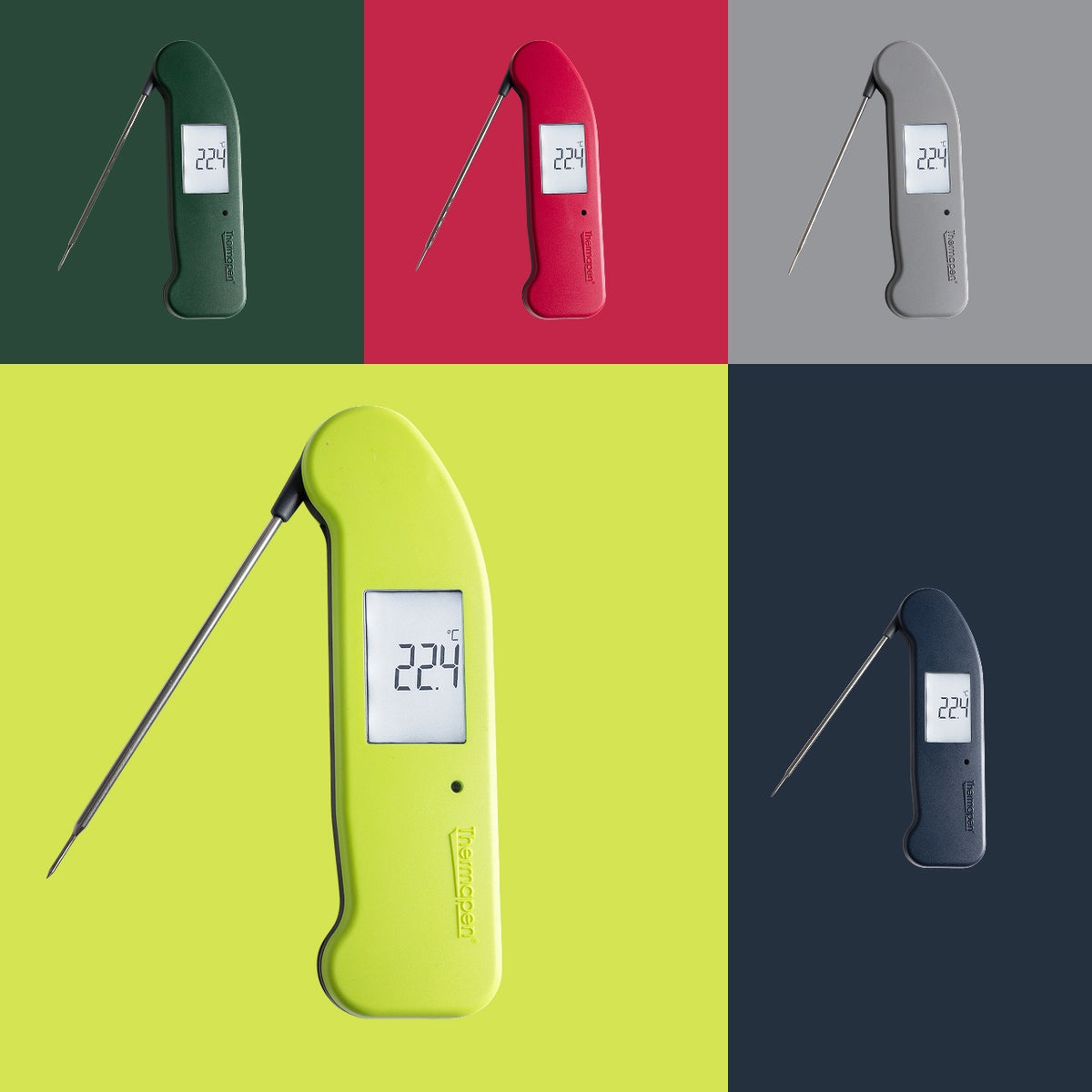 A collage showing a digital probe thermometer in five different colours: bright yellow, pink, grey, mahogany, forest green, and navy blue. The main, largest thermometer is shown in mahogany on the bottom left. All have the probes open.