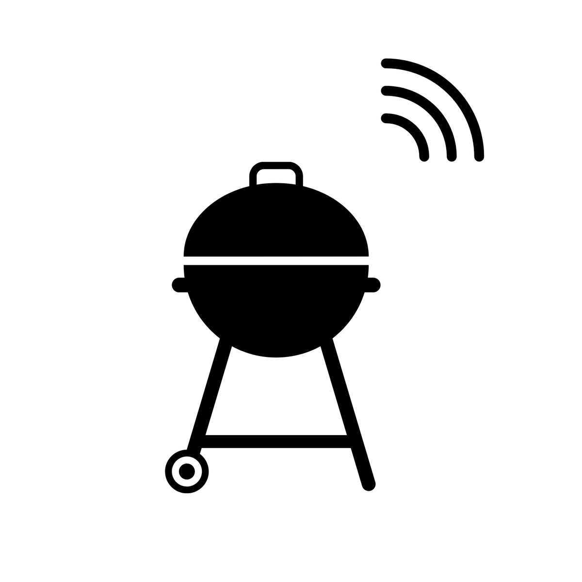 Black silhouette of a barbecue grill with a wireless signal icon above it on a white background