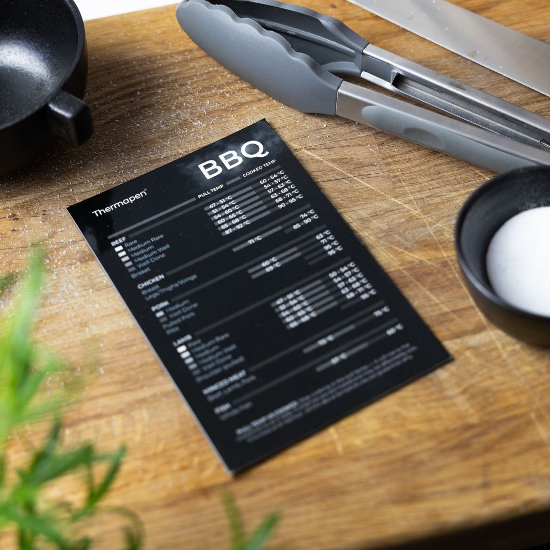A black thermapen bbq temperature magnet on a wooden a chopping board with tongs, a knife and a pot of salt in a black pot in the background