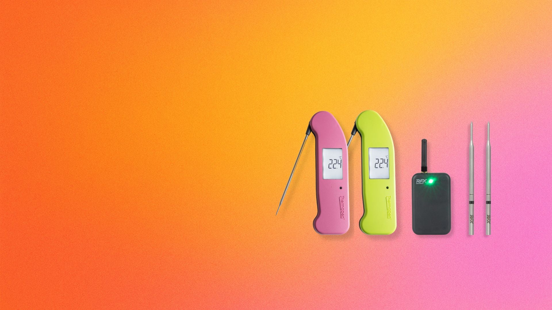pink, yellow, RFX gateway & 2 RFX meat probes laid on a pink, yellow & orange gradient background