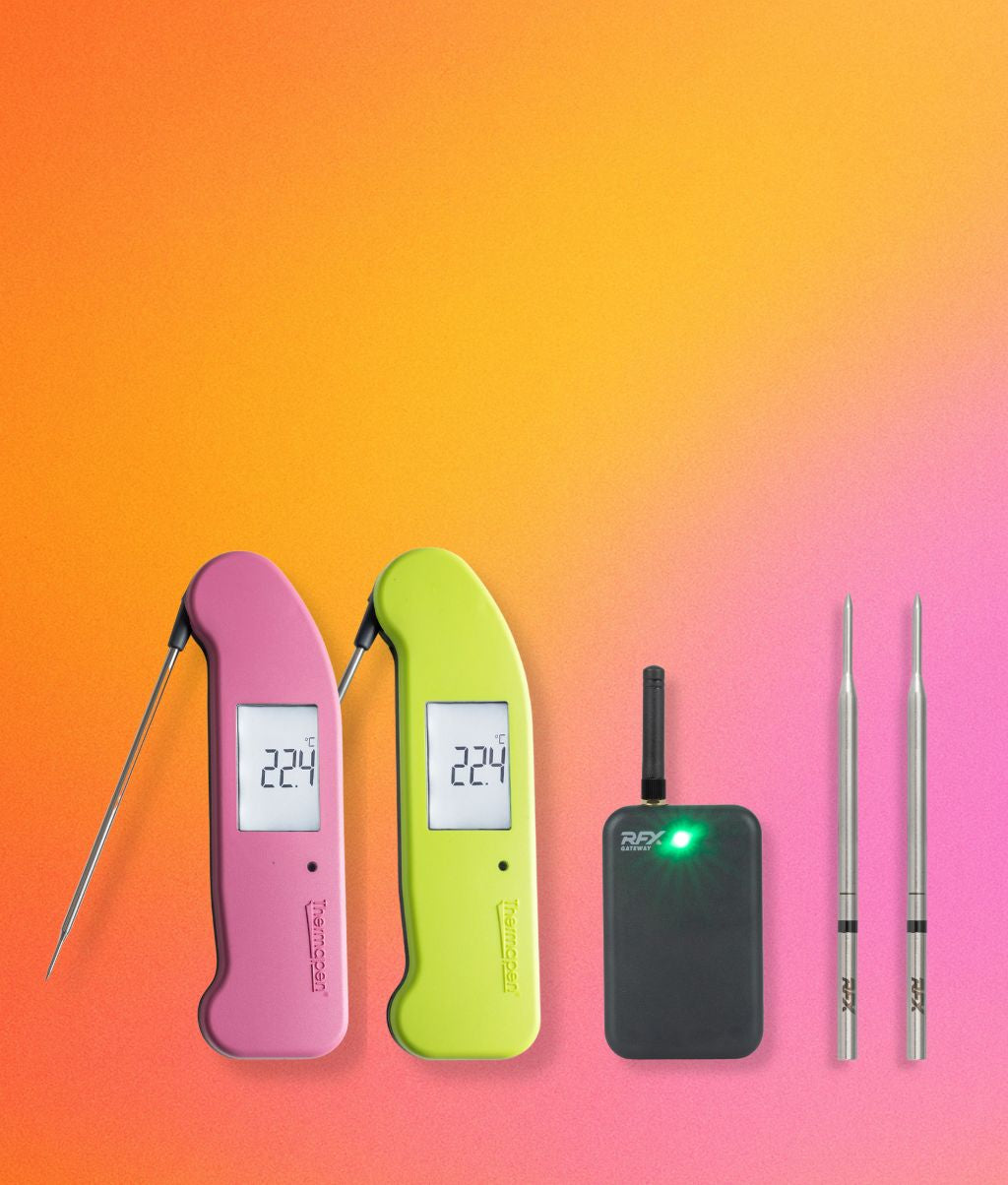 A pink thermapen, yellow thermapen, RFX gateway and 2 RFX meat probes on a pink and yellow gradient background