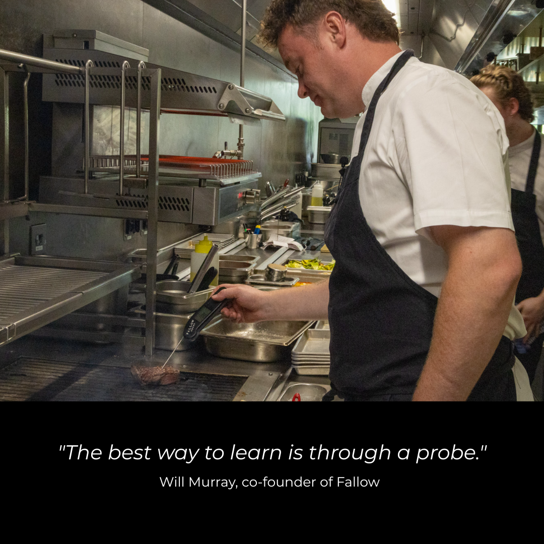 A professional chef in a white shirt and dark apron cooks food on a commercial grill in a stainless steel kitchen. A black banner at the bottom contains the quote: 'The best way to learn is through a probe.'