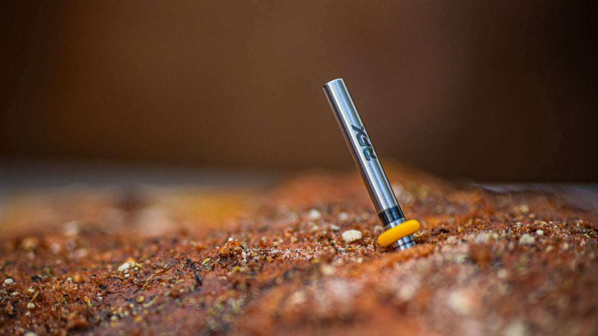 A close up shot of the RFX thermometer inside meat, with a yellow silicone ring around the probe