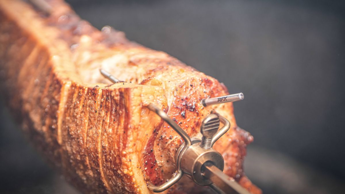 Close-up of an RFX probe in rotisserie pork, background blurred