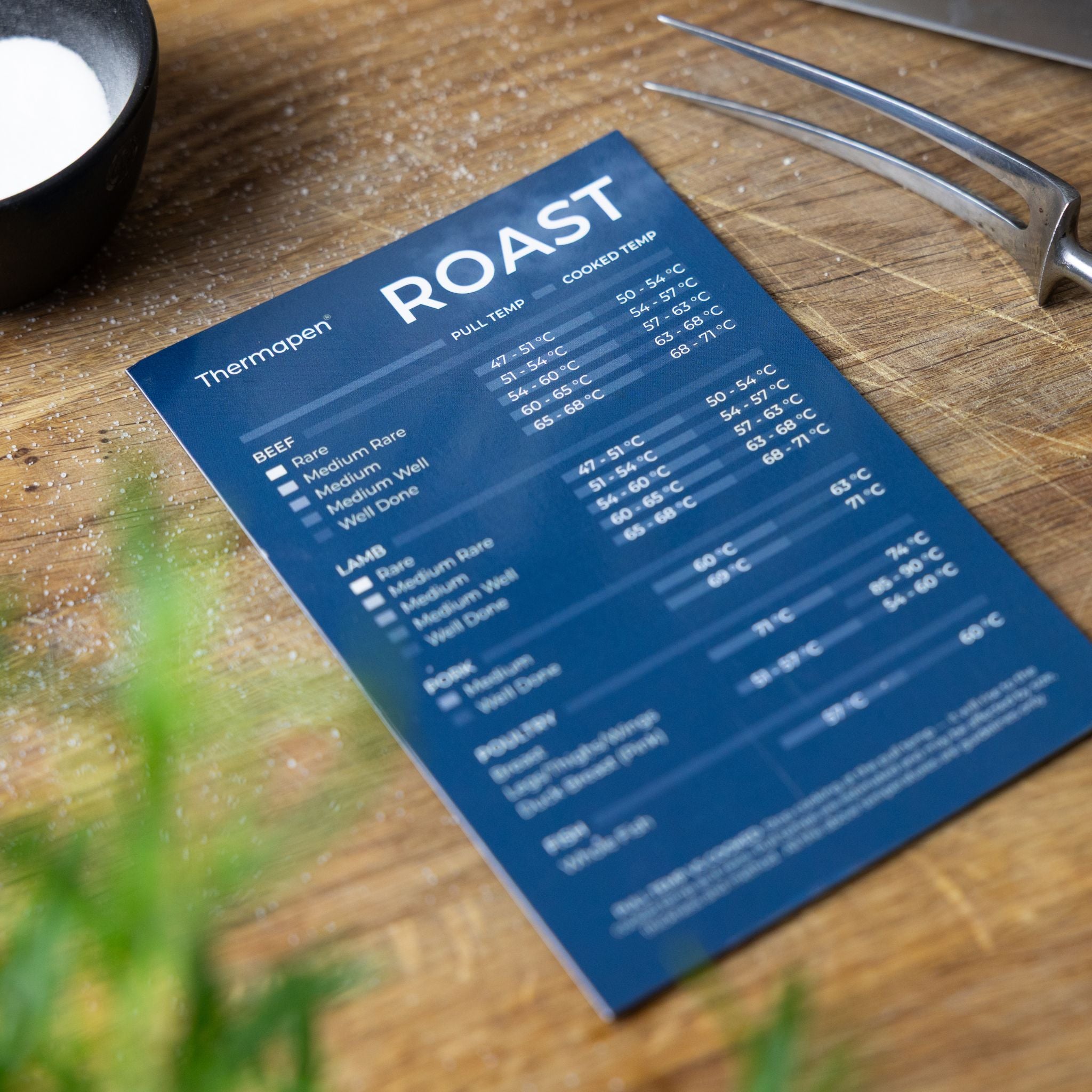 Blue Thermapen roast cooking magnet guide on a wooden surface with a fork and salt shaker.