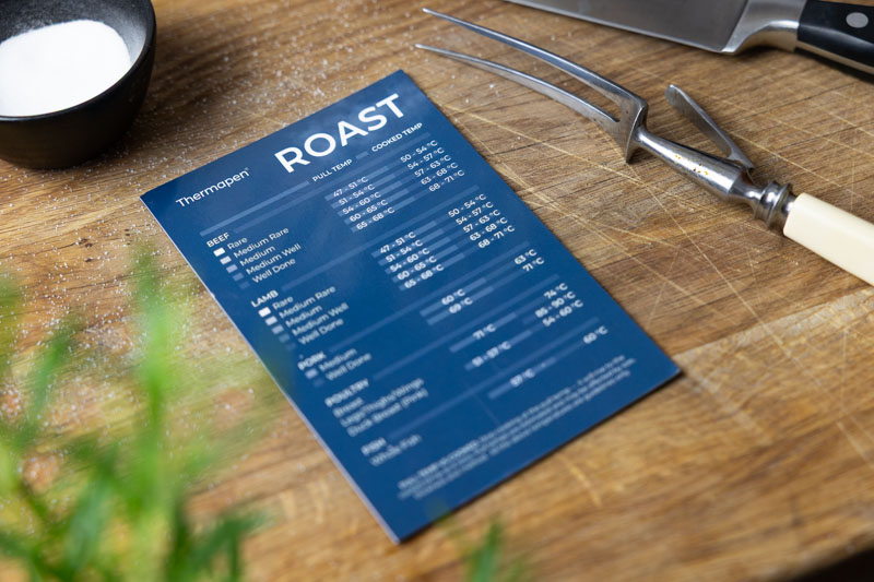 A blue, rectangle fridge magnet printed with cooking temperatures on a wood table