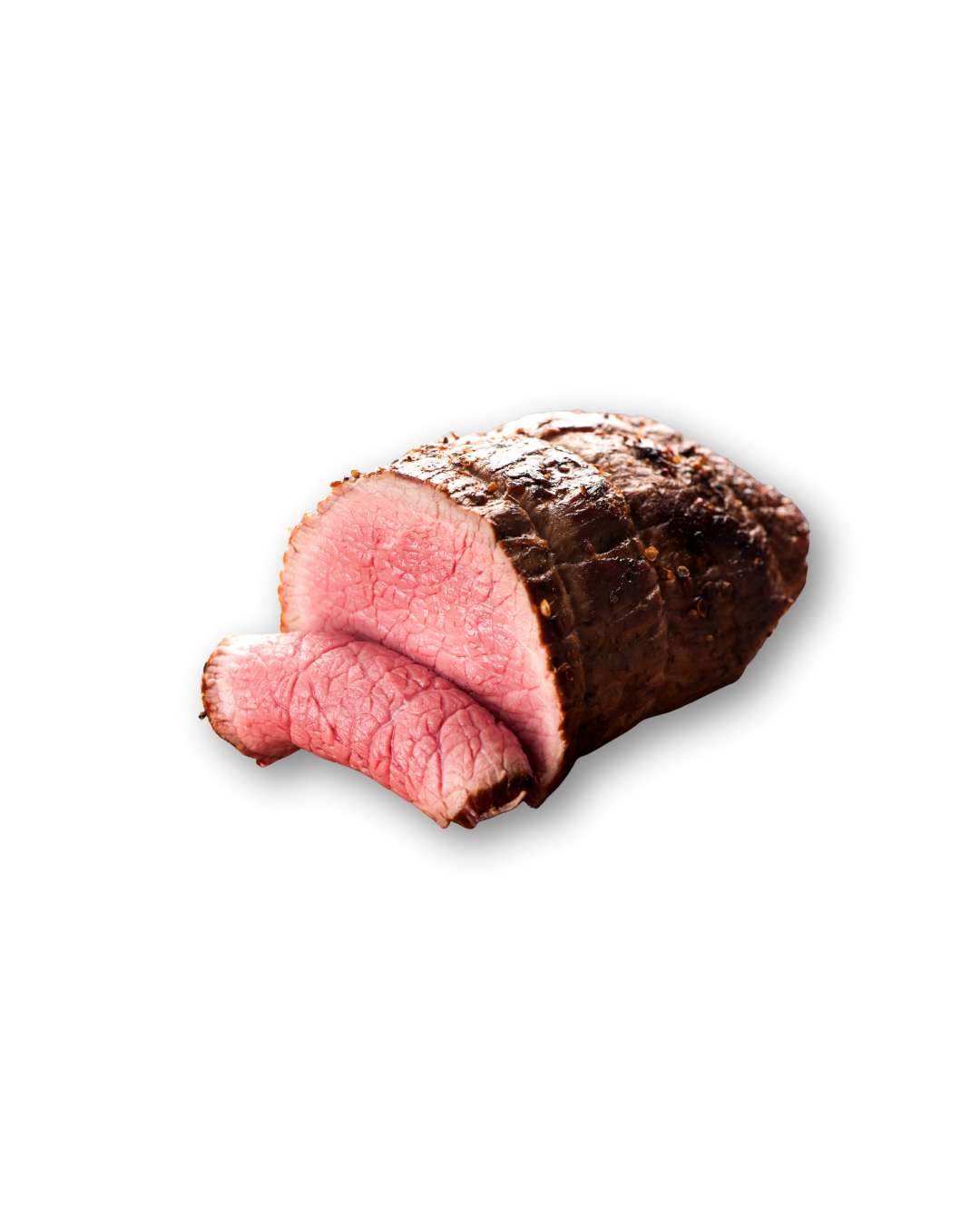 Medium-rare beef roast slice, perfectly cooked to show internal doneness.