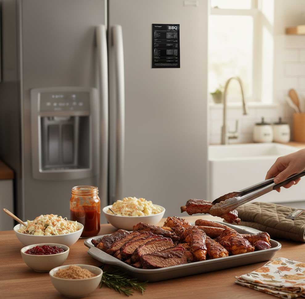 Thermapen BBQ Temperature Guide Magnet attached on the fridge with a tray of different bbq meats being served on the kitchen island