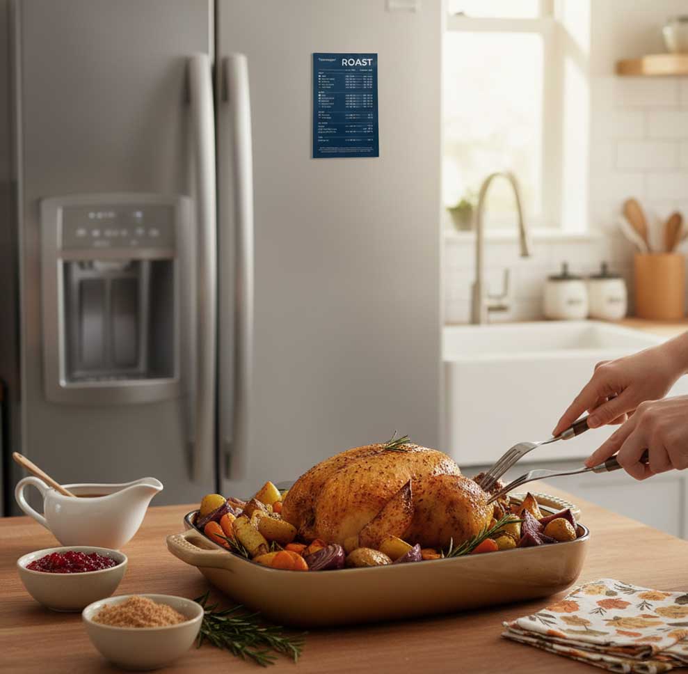 Thermapen Roast Temperature Guide Fridge Magnet in the baclground on a stainless steel coloured fridge with a perfectly cooked roast chicken on the kitchen island