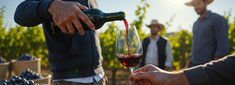 A man pouring red wine into a glass in a vinyard