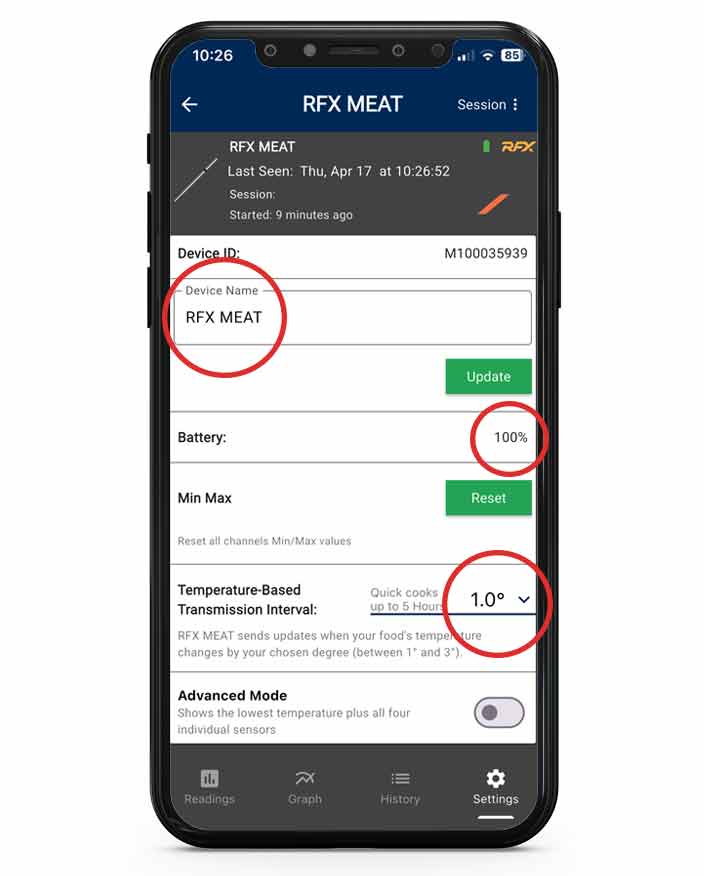 Highlighted areas for adjusting the settings of your selected device