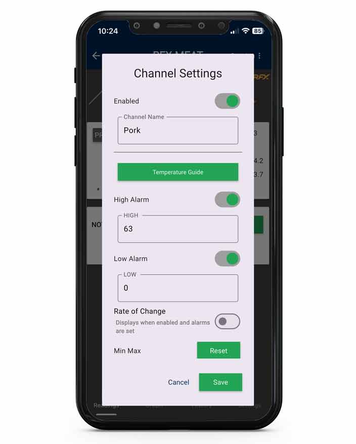 Channel settings for the alarms