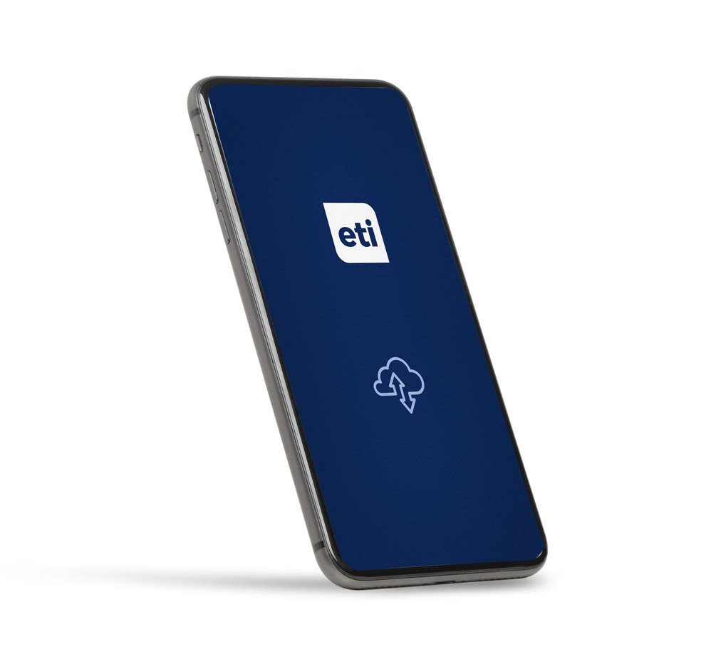 Image of a mobile phone with a screen on featuring ETI logo and loading cloud icon below it