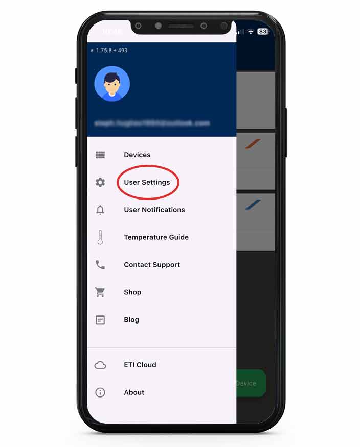 User settings button highlighted on screen