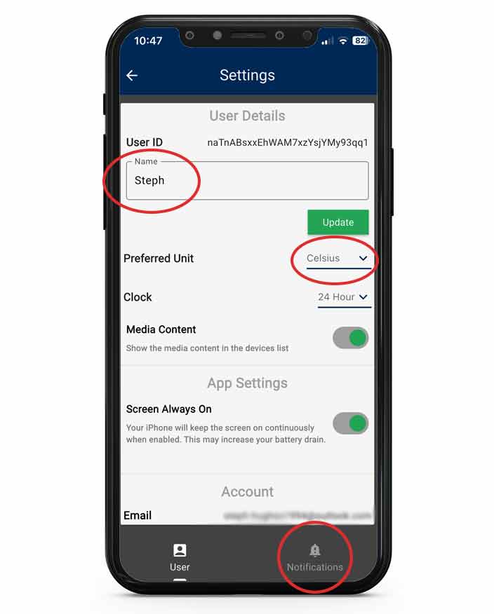 User settings editing screen with areas mentioned highlighted on phone screen