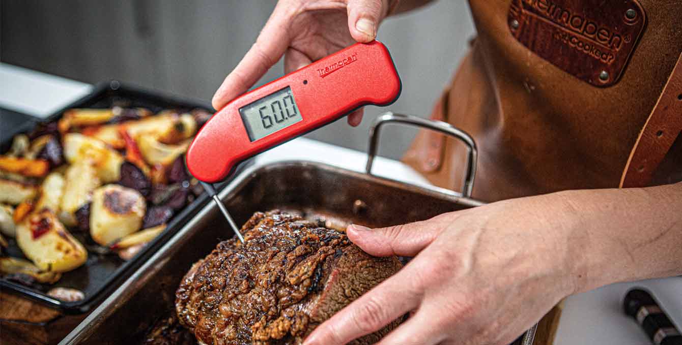 RedThermapen taking the temperature of roast beef