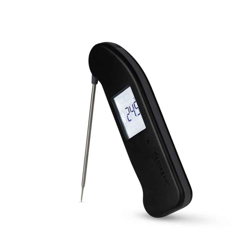 Black Thermapen ONE with screen light on at an angle with the thermometer probe open