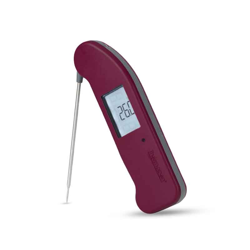 Limited edition Cherry Thermapen ONE with the screen light on and probe open