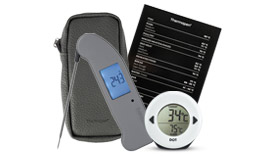 Thermapen ONE thermometer, DOT Alarm Thermometer, Temperature Guide Fridge Magnet and the Pouch 