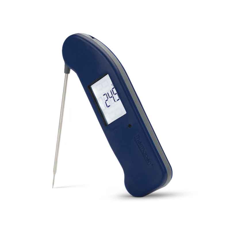 Thermapen ONE in limited edition colour exclusive to Thermapen, screen light on and probe open at an angle