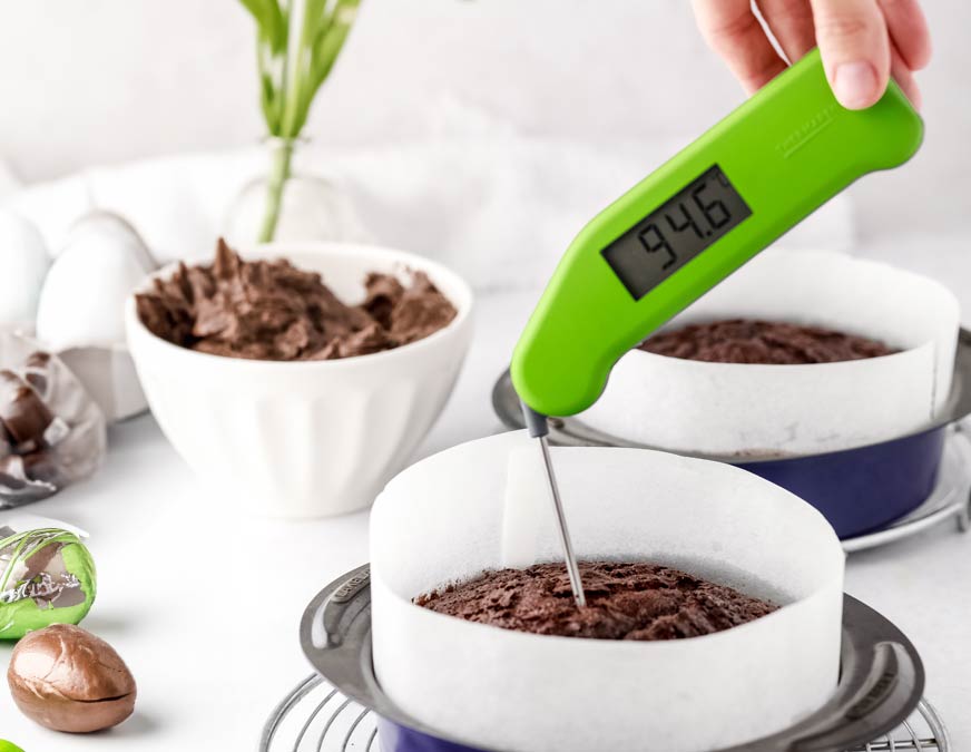 Green Thermapen Classic taking the temperature of a chocolate cake, with easter elements around