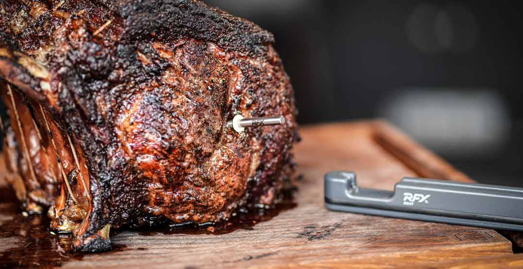 rfx wireless meat thermometer sticking out of bbq beef cooked to perfection