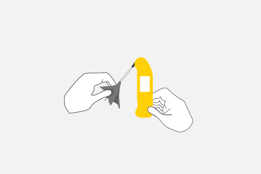 Two hands are shown, with one hand holding a Thermapen and the other wiping the stainless steel probe clean with a wipe.