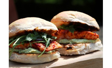 Richard Holden's Harissa Salmon Burger with Pea Hummus