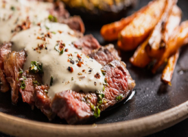 Sirloin Steaks and Peppercorn Sauce with Herb-Crusted Mushrooms