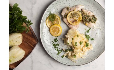 Baked Hake, Lemon Caper Dressing & Fennel Potato Gratin