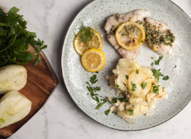 Baked Hake, Lemon Caper Dressing & Fennel Potato Gratin