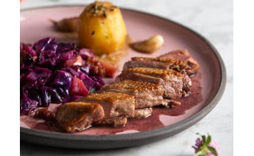 Pan-Fried Duck Breast with Braised Red Cabbage, Fondant Potato & Port Sauce