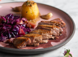 Pan-Fried Duck Breast with Braised Red Cabbage, Fondant Potato & Port Sauce