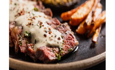 Sirloin Steaks and Peppercorn Sauce with Herb-Crusted Mushrooms