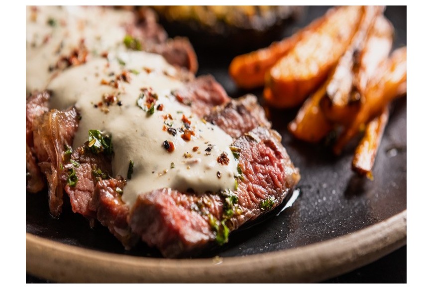 Sirloin Steaks and Peppercorn Sauce with Herb-Crusted Mushrooms