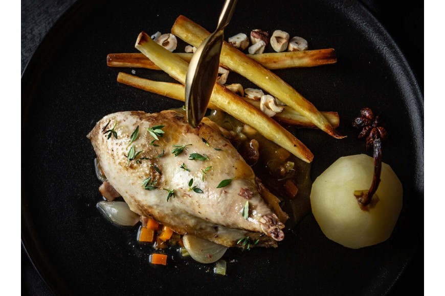 Roast Pheasant with Bacon & Poached Pears