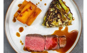 Mike Tomkins’ Rib of Beef with Potato Terrine Chips & Charred Hispi Cabbage