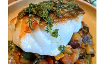 Richard Holden's Pan Fried Cod with Ratatouille & Salsa Verde